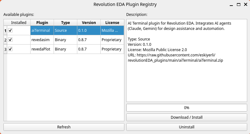 Plugins registry window